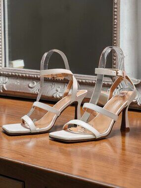 Strappy White High Heel Sandals With Square Toe & Adjustable Buckle Strap - Bell